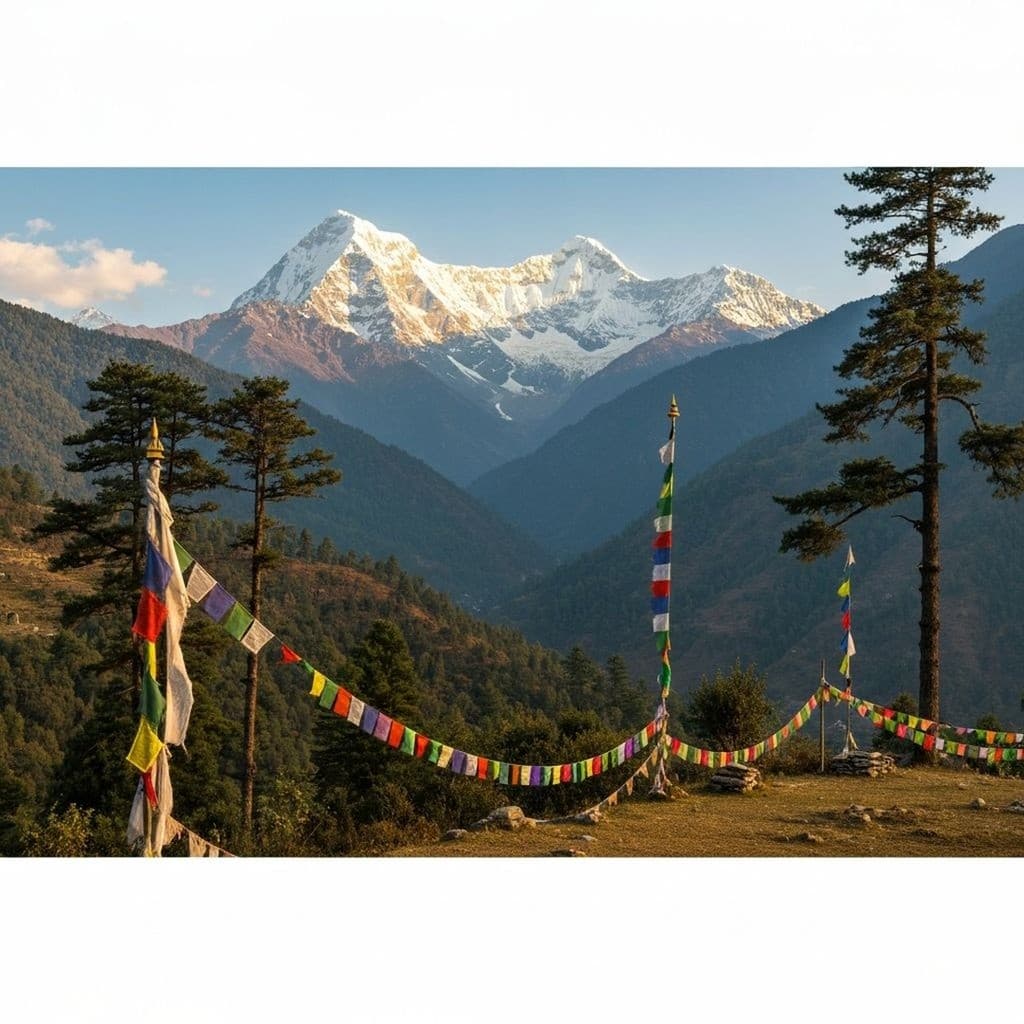 Bhutan landscape with mountains and prayer flags in pristine nature