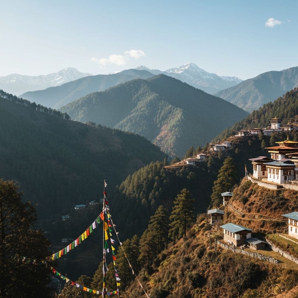 Bhutan mountain landscape with prayer flags in dramatic view