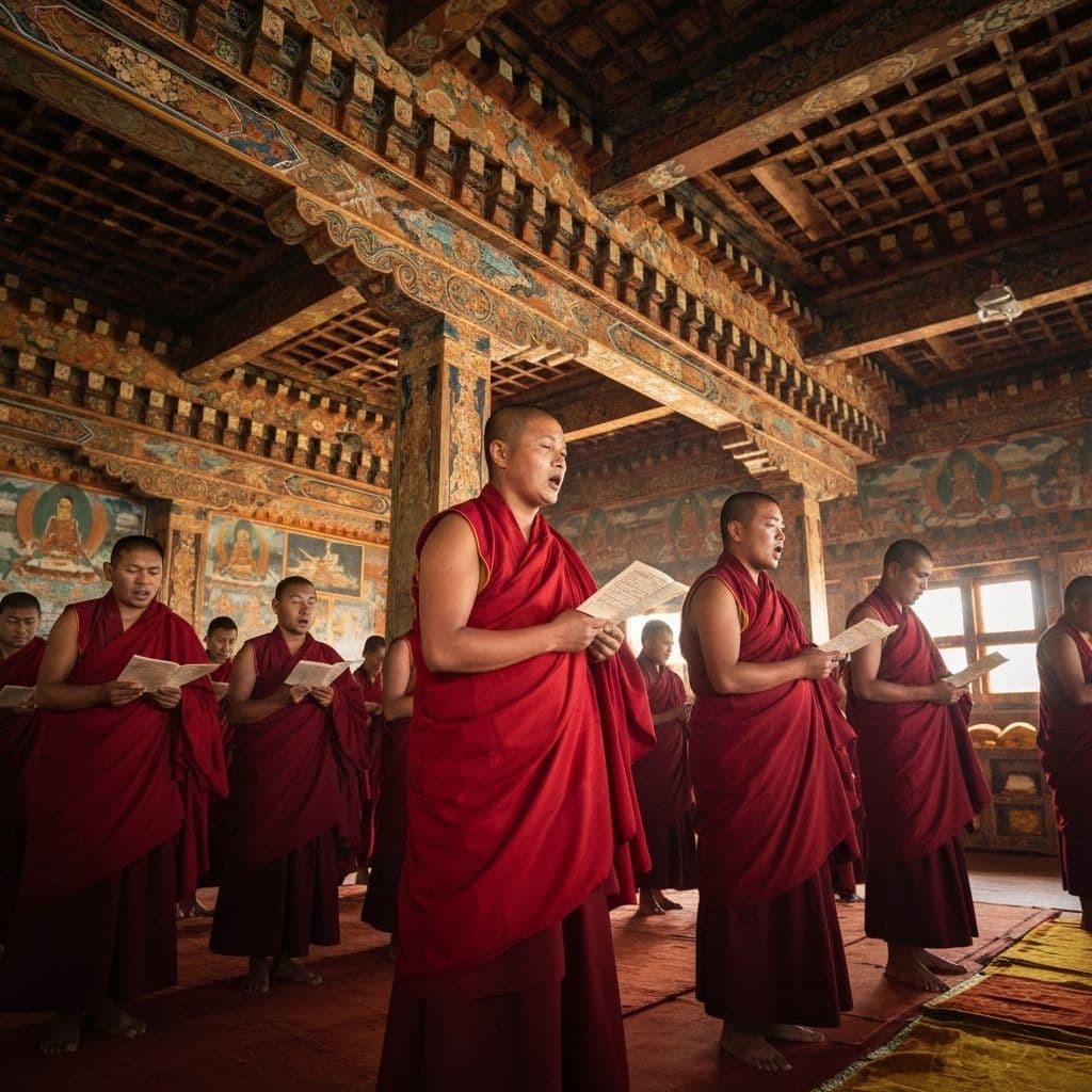 Buddhist monks in prayer at monastery