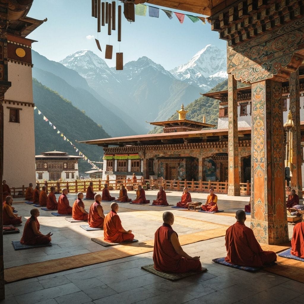 Bhutan meditation retreat with peaceful monastery in mountain setting