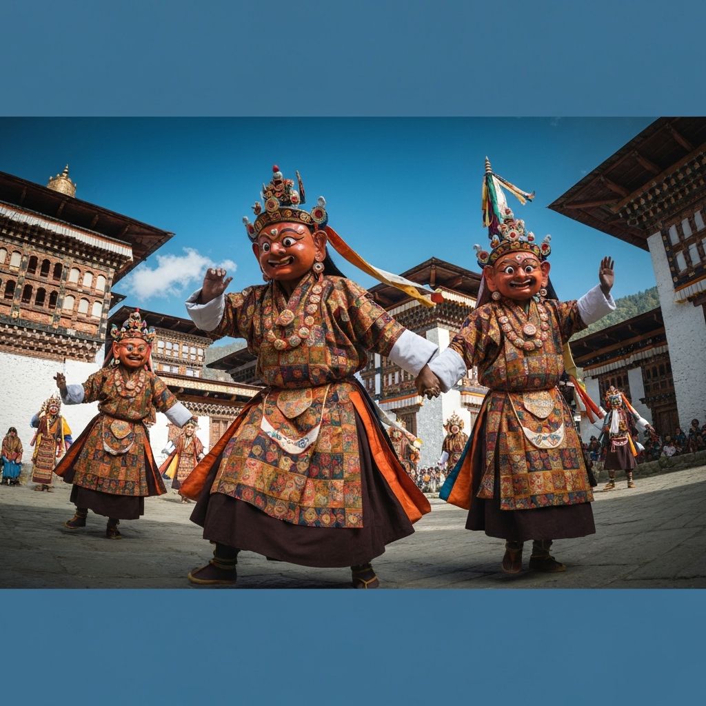 Traditional masked dancers at a Bhutanese festival in Paro