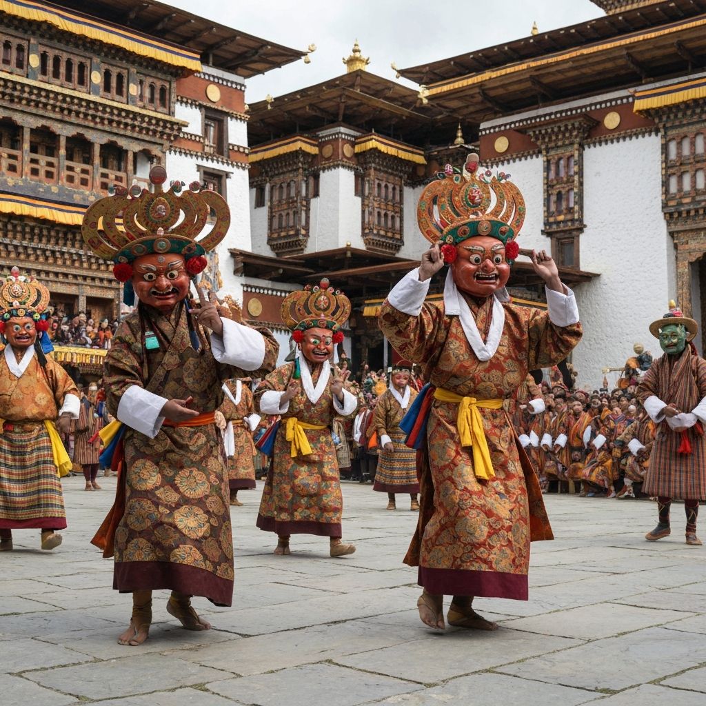 Masked dance at a Bhutanese festival in Bumthang